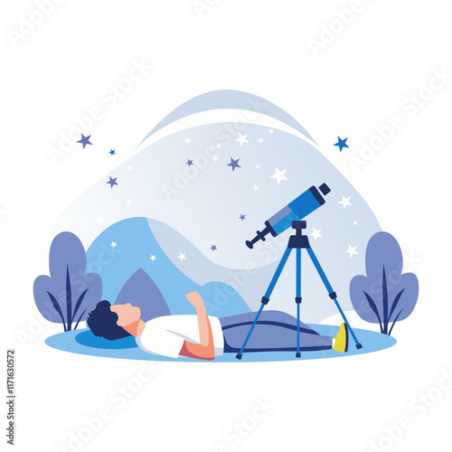 Flat illustration shows a person lying on the ground, stargazing through a telescope