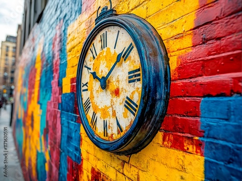  clock with a dial divided into three colorful sections: red at the top, yellow on the lower left, and blue on the lower right