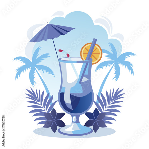 Flat illustration shows a refreshing tropical cocktail with a colourful umbrella, orange slice, and straw