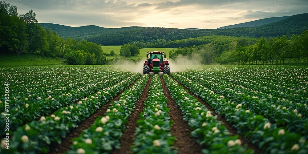 Tractor cultivating a lush green field during golden hour in rural landscape Tractor cultivating a lush green field during golden hour in rural landscape