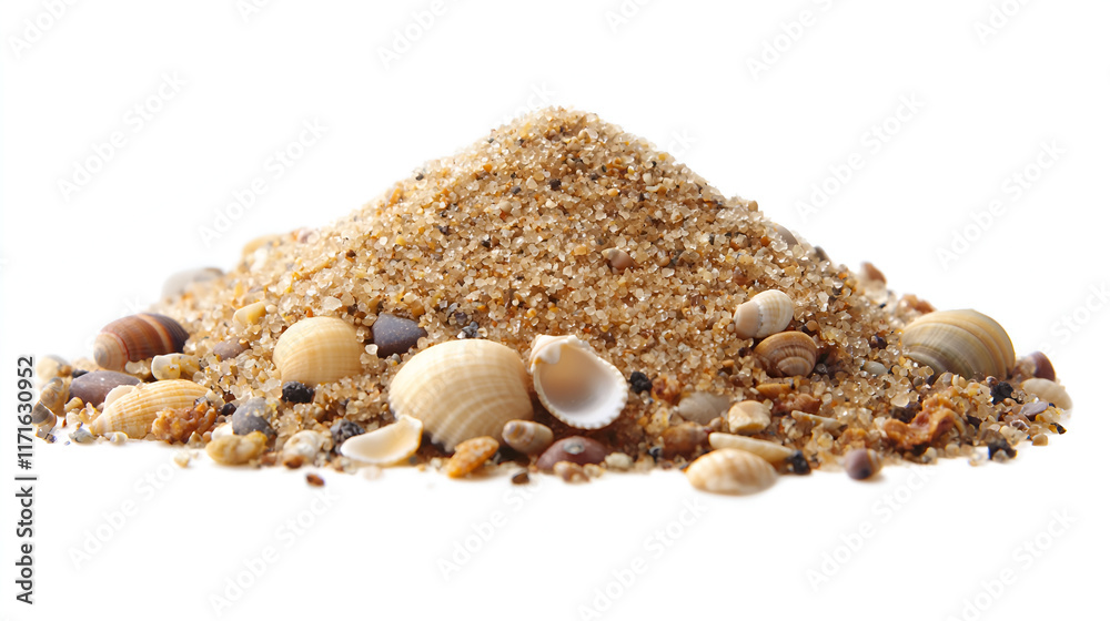 Obraz premium Seashells and Sand: A close-up image of a small pile of beach sand, adorned with a scattering of seashells in various shapes and sizes.