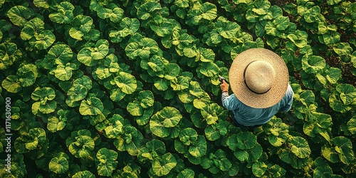 Farmer tending to lush green crops under bright sunlight in a rural field during summer harvest photo