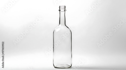 Isolated empty glass bottle with a long neck isolated on solid white background.