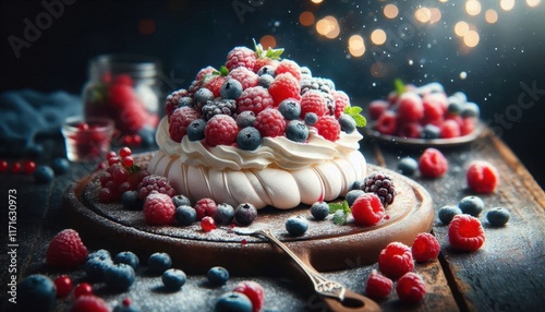 Decadent berry pavlova, Fresh mixed berries, Whipped cream swirls, Rustic wooden table, Soft bokeh background, Moody lighting, Close-up food photography, Vibrant colors, Textured dessert, Gourmet culi photo