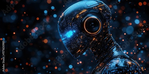 Futuristic humanoid robot with digital features and glowing elements in a dark environment