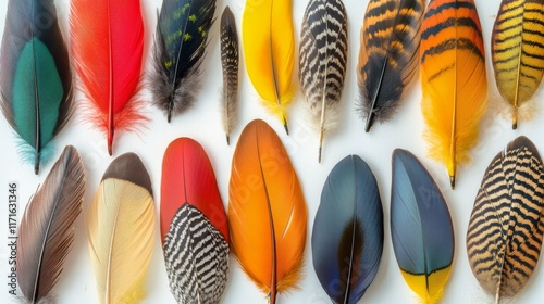 Colorful collection of bird feathers displayed on a white background showcasi...