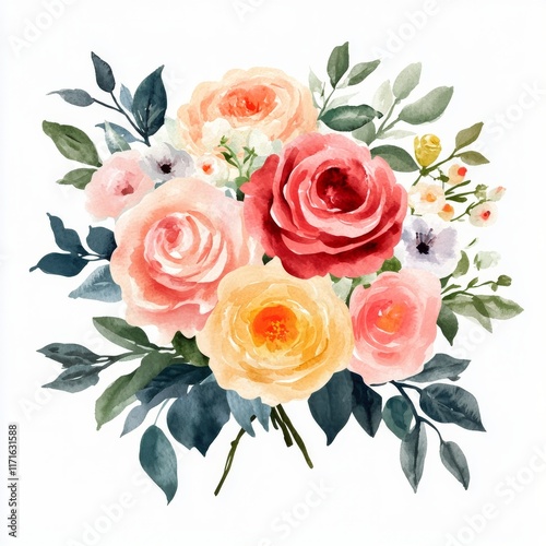 Beautiful watercolor bouquet featuring various roses and greenery in soft pas...