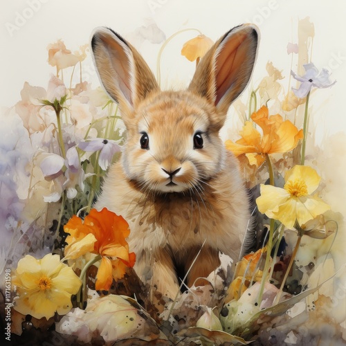 Cute rabbit surrounded by vibrant flowers in a spring garden setting
