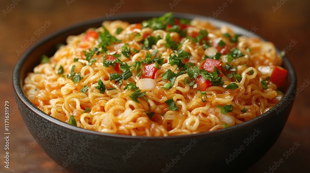 Close-up of a bowl of noodles with vegetables and sauce. Close-up of a bowl of noodles with vegetables and sauce.