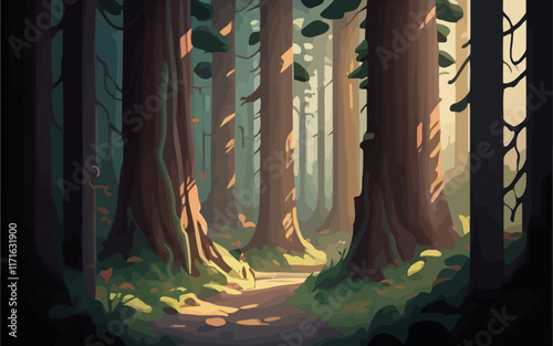 Vector illustration of a quiet walk through a redwood wilderness. Showcase towering redwoods