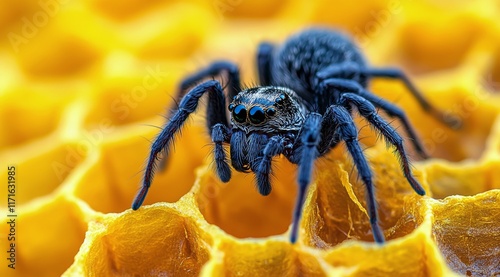 Close-up view of a blue spider on a honeycomb structure in natural light