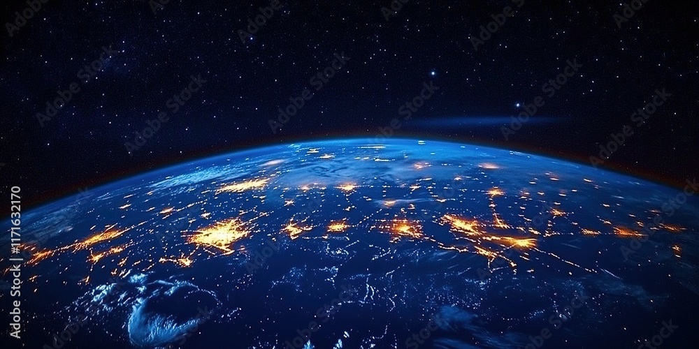 Fototapeta premium Planet Earth illuminated by city lights against a starry night sky from space perspective