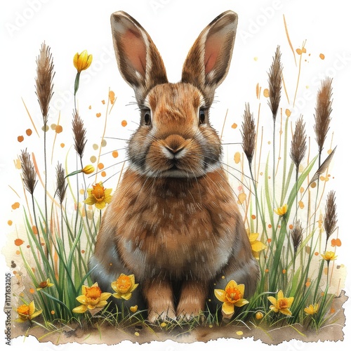 Cute bunny surrounded by yellow flowers in a serene garden setting during spr...