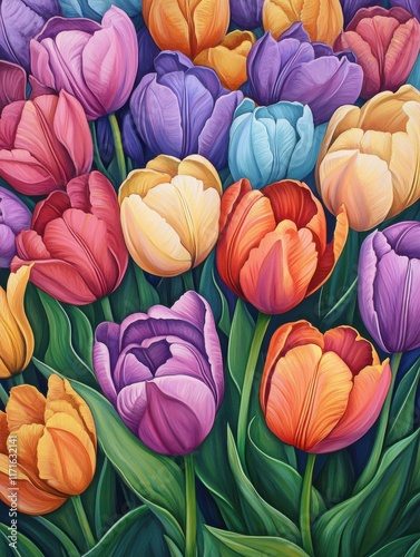 Blooming tulips, endless rows, vibrant colors herald the arrival of spring photo