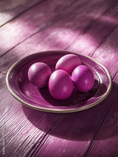 easter, tradition and object concept - close up of colored eggs on plate over ultra violet wooden boards background photo