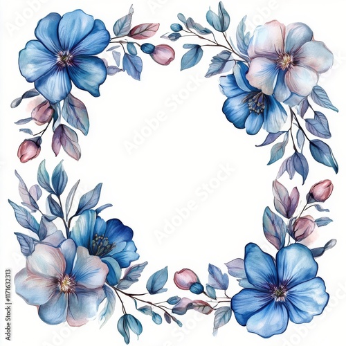 Beautiful watercolor floral frame with blank center for custom text or decora...