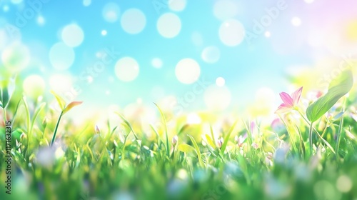 nature background with sunny spring meadow blur background blue sky to green grass