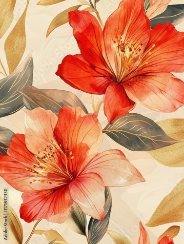 Spring floral in watercolor vector background. Luxury wallpaper design with tropical red flowers, line art, golden texture. Elegant gold botanical illustration suitable for fabric, prints, cover.