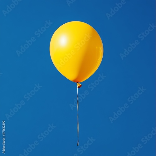 Bright yellow balloon floats against a vibrant blue background creating a che...