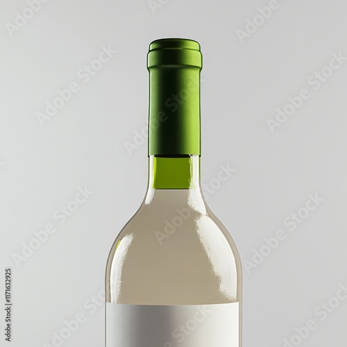 Elegant glass bottle of white wine with a green cap against a minimalistic ba...