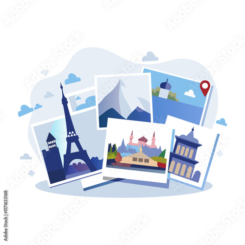 This flat illustration shows a collection of travel postcards