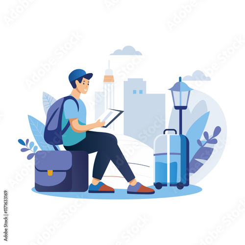 Person enjoying solo trip, flat illustration