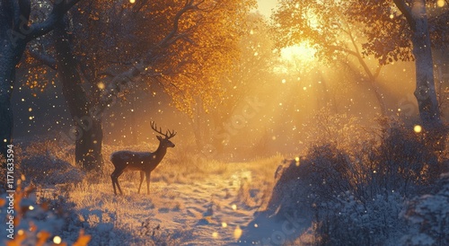 Majestic deer standing in snowy forest during golden hour with warm sunlight ...