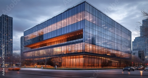 Modern architectural building with glass facade and warm lighting in urban se...