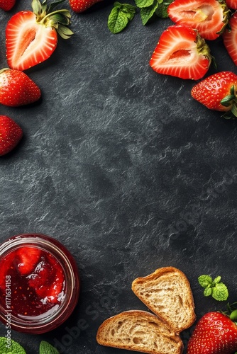 Fresh strawberries and homemade jam with slices of bread on dark background