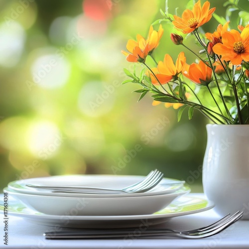Fresh flowers and elegant table setting for a spring gathering in a bright ga...