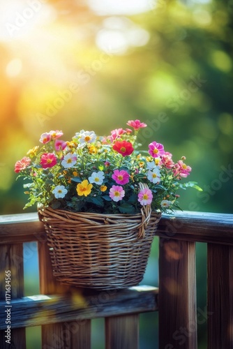 Brightly colored flower basket on a wooden railing during sunset