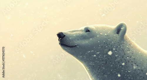 Polar bear observing falling snow in a serene winter landscape