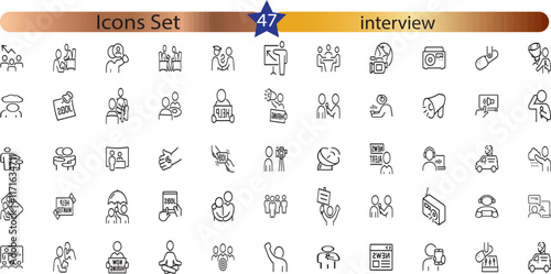  icons related to interview. Linear icon collection. Editable stroke.