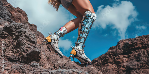 A woman with a modern Bionic Prosthetic Leg is rock climbing upwards mountain, mountaineering. Active sports for people with prosthetic legs photo