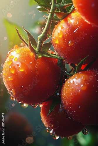 Fresh ripe tomatoes glistening with dew under sunlight in a garden setting