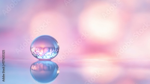 Close-up of dewdrop on matte surface with pastel reflections