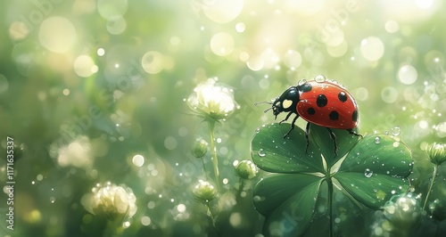 Colorful ladybug resting on a dew-covered clover leaf in a serene natural set...