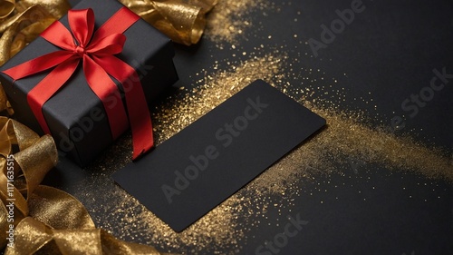 Presentación sofisticada: caja de regalo negra con cinta roja, tarjeta negra y elementos dorados, sobre un fondo negro elegante, perfecto para celebraciones exclusivas