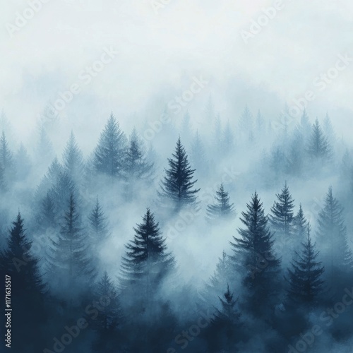 Mystical forest shrouded in mist during early morning light in a tranquil set...