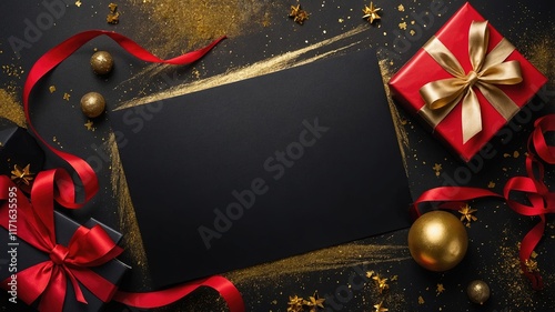 Composición festiva con tarjeta negra en blanco rodeada de cintas doradas y rojas, regalos envueltos y adornos dorados sobre fondo negro, ideal para eventos de lujo