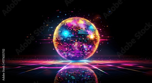 Colorful disco ball spinning under flashing lights in a dark dance club envir...
