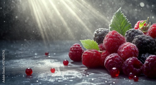 Freshly picked blackberries and raspberries on a stone surface under soft sun...