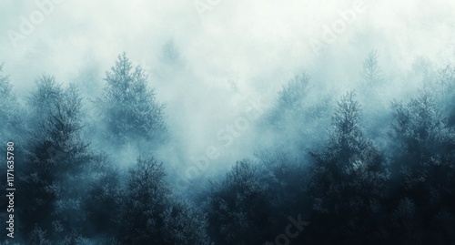 Dense evergreen forest enveloped in mist during early morning hours in a sere...