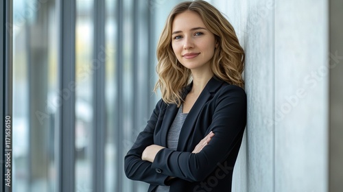 Young business woman leaning against a wall in a modern office building. Free Download Young business woman leaning against a wall in a modern office building. - GFXLoad