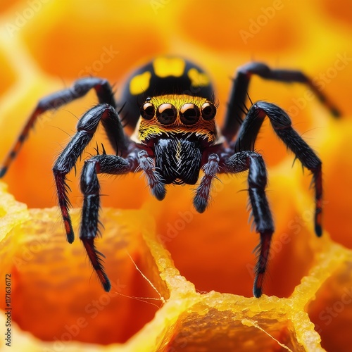 Close-up of a spider on a honeycomb showcasing intricate details in nature