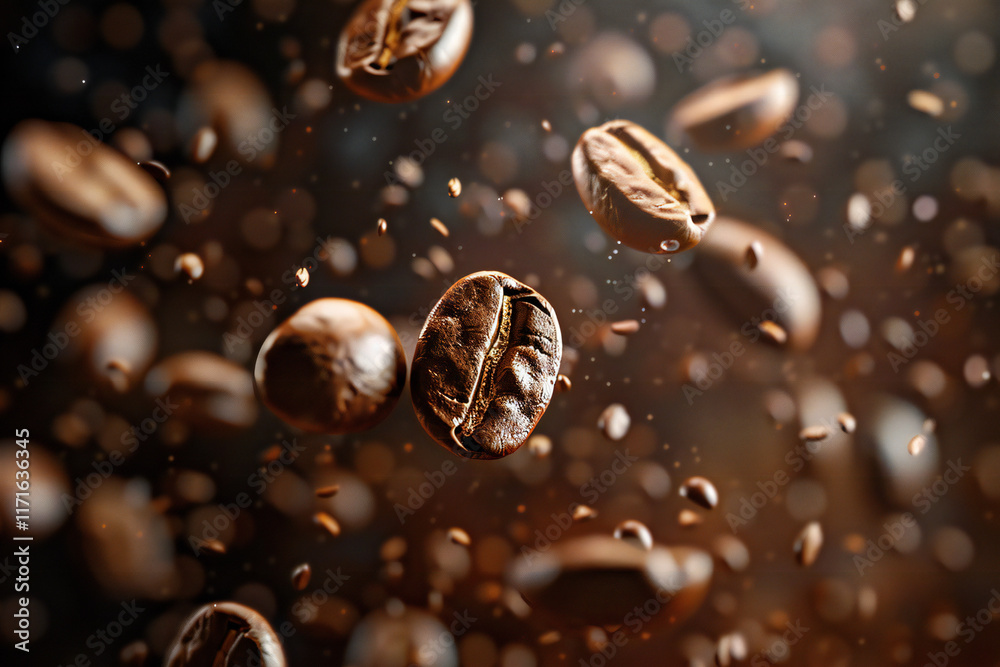 Dynamic Coffee Splash with Flying Coffee Beans and Droplets in a High-Speed Coffee Action Shot on a Dark Background Dynamic Coffee Splash with Flying Coffee Beans and Droplets in a High-Speed Coffee Action Shot on a Dark Background