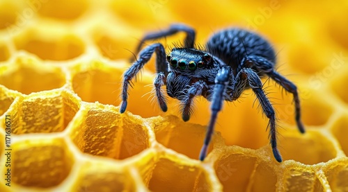 Close-up view of a blue spider on a honeycomb structure in natural light