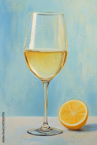 Fresh lemon slices and a glass of white drink against a light blue background