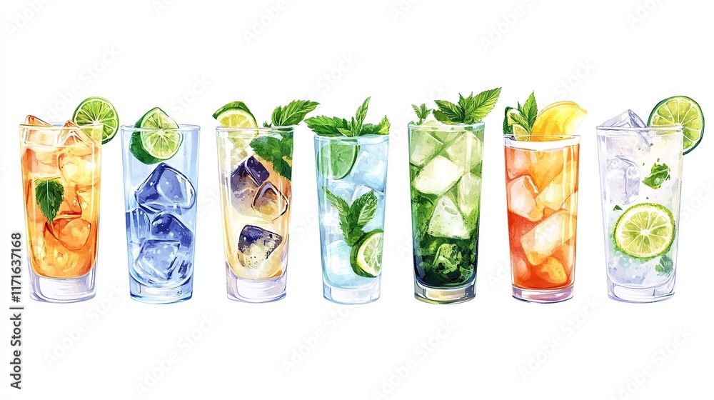 Fototapeta premium Watercolor illustration of seven refreshing summer cocktails in glasses with ice, mint, and citrus fruits.