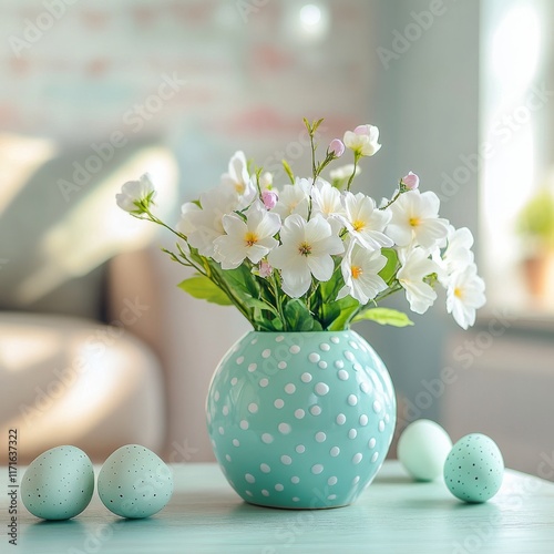Decorative flower vase with white blooms and pastel eggs on a light background